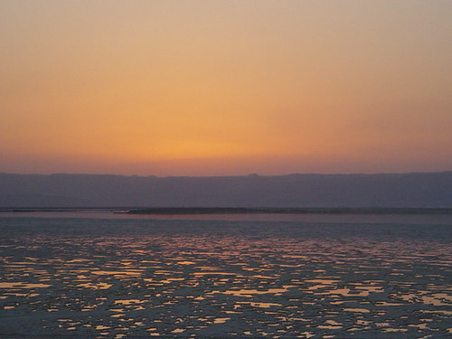 Sunset over the Dead Sea - with salt clusters