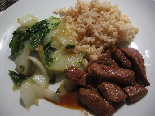 Beef teriyaki with brown rice and bok choy