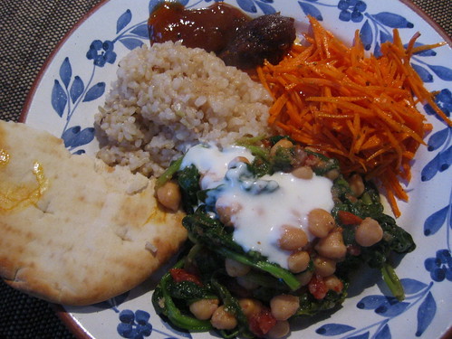 Chickpea and spinach, carrot, pita and rice